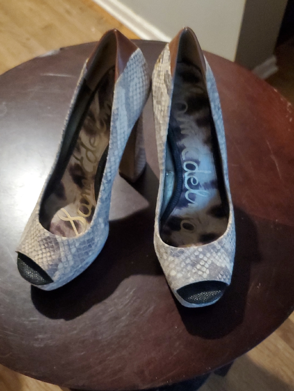 Sam Edelman Snake-Print Peep Toe Heels in Beige and Black